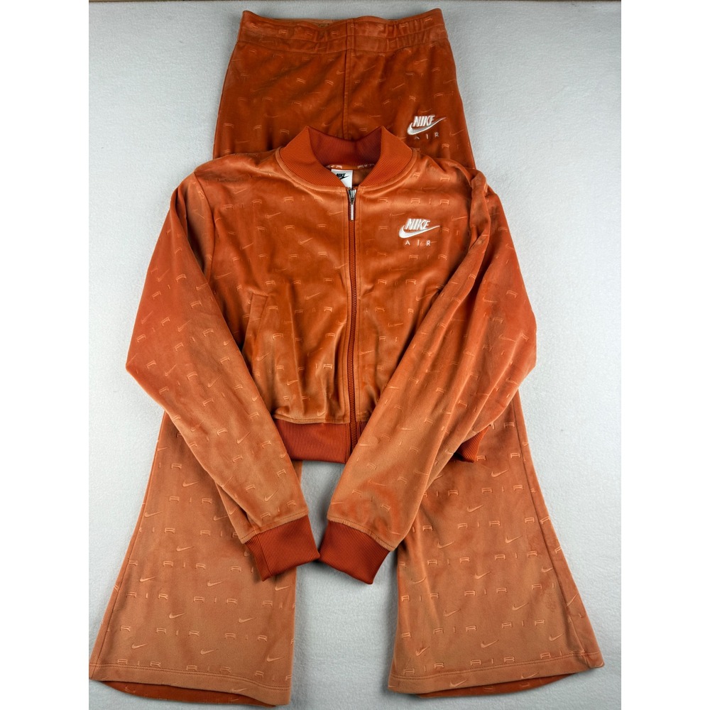 Nike Air Womens Velour Tracksuit Set Burnt Orange Cropped Jacket Flare Pants M